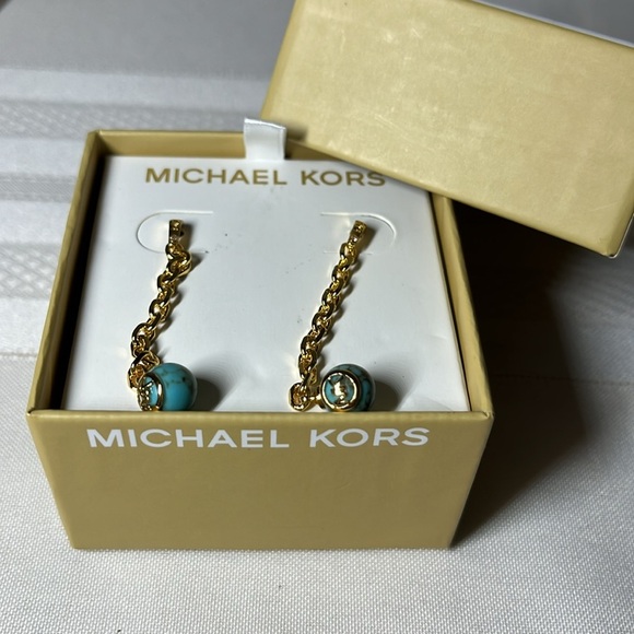 NEW Michael Kors Turquoise earrings. Gold tone. Hanging. MK on turquoise. Box in - Picture 10 of 10